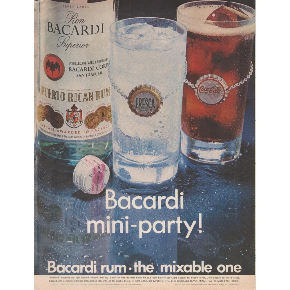 1969 Bacardi Rum Vintage Print Ad Puerto Rican Rum  Coca Cola Fresca Bar Decor